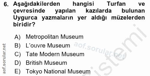 6. soru: Aşağıdakilerden hangisi Turfan ve çevresinde yapılan kazılarda bulunan Uygurca yazmaların yer aldığı müzelerden birid…