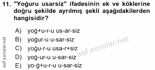 11. soru: "Yoguru usarsiz" ifadesinin ek ve köklerine doğru şekilde ayrılmış şekli aşağıdakilerden hangisidir? A) yoğ+u-r-u us-…