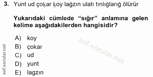 3. soru: Yunt ud çokar koy lağzın ulatı tınlığlarığ ölürür Yukarıdaki cümlede "sığır" anlamına gelen kelime aşağıdakilerden ha…