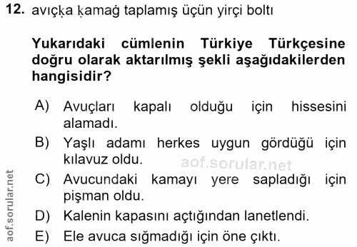 12. soru: avıçka kamağ taplamış üçün yirçi boltı Yukarıdaki cümlenin Türkiye Türkçesine doğru olarak aktarılmış şekli aşağıdaki…