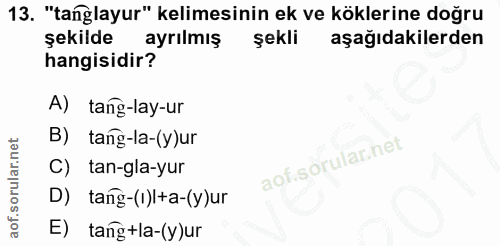 13. soru: "tanglayur" kelimesinin ek ve köklerine doğru şekilde ayrılmış şekli aşağıdakilerden hangisidir? A) tang-lay-ur B) ta…