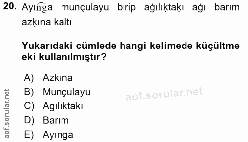 20. soru: Ayınga munçulayu birip ağılıktakı ağı barım azkına kaltı Yukarıdaki cümlede hangi kelimede küçültme eki kullanılmıştı…