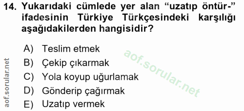 14. soru: Yukarıdaki cümlede yer alan "uzatıp öntür-" ifadesinin Türkiye Türkçesindeki karşılığı aşağıdakilerden hangisidir? A)…