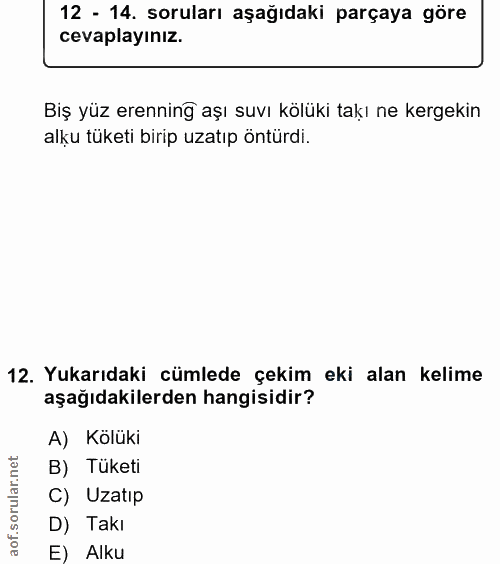 12. soru: 12 - 14. soruları aşağıdaki parçaya göre cevaplayınız. Biş yüz erenning aşı suvı kölüki takı ne kergekin alku tüketi…