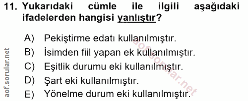 11. soru: Yukarıdaki cümle ile ilgili aşağıdaki ifadelerden hangisi yanlıştır? A) Pekiştirme edatı kullanılmıştır. B) İsimden f…