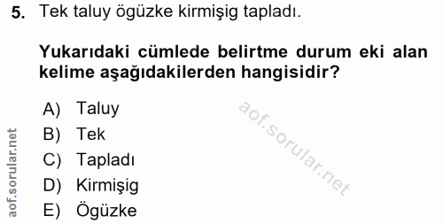 5. soru: Tek taluy ögüzke kirmişig tapladı. Yukarıdaki cümlede belirtme durum eki alan kelime aşağıdakilerden hangisidir? A) T…