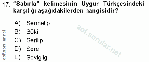 17. soru: "Sabırla" kelimesinin Uygur Türkçesindeki karşılığı aşağıdakilerden hangisidir? A) Sermelip B) Söki C) Serilip D) Ser…