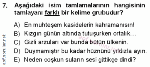 7. soru: Aşağıdaki isim tamlamalarının hangisinin tamlayanı farklı bir kelime grubudur? A) En muhteşem kasidelerin kahramanısı…