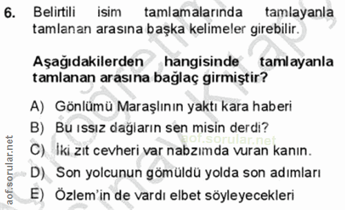 6. soru: Belirtili isim tamlamalarında tamlayanla tamlanan arasına başka kelimeler girebilir. Aşağıdakilerden hangisinde tamla…