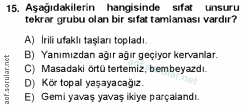 15. soru: Aşağıdakilerin hangisinde sıfat unsuru tekrar grubu olan bir sıfat tamlaması vardır? A) İrili ufaklı taşları topladı.…
