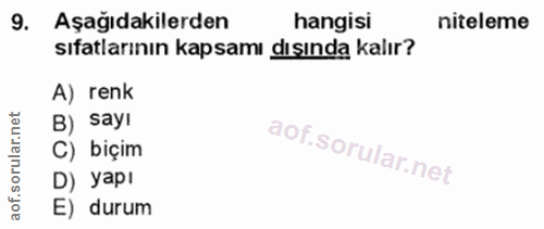 9. soru: Aşağıdakilerden hangisi niteleme sıfatlarının kapsamı dışında kalır? A) renk B) sayı C) biçim D) yapı E) durum