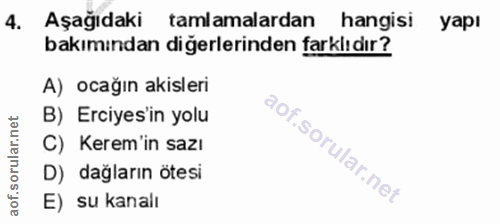 4. soru: Aşağıdaki tamlamalardan hangisi yapı bakımından diğerlerinden farklıdır? A) ocağın akisleri B) Erciyes'in yolu C) Ker…