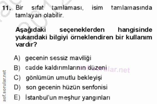 11. soru: Bir sıfat tamlaması, isim tamlamasında tamlayan olabilir. Aşağıdaki seçeneklerden hangisinde yukarıdaki bilgiyi örnek…