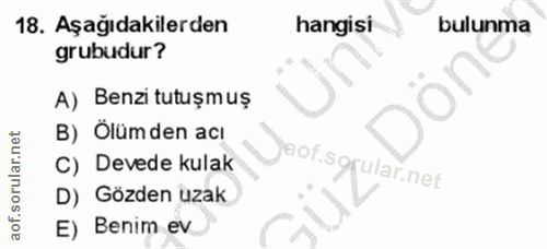 18. soru: Aşağıdakilerden hangisi bulunma grubudur? A) Benzi tutuşmuş B) Olümden acı aof.sgrular.net C) Devede kulak D) Gözden…