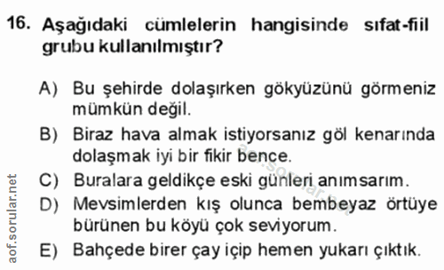 16. soru: Aşağıdaki cümlelerin hangisinde sıfat-fiil grubu kullanılmıştır? A) Bu şehirde dolaşırken gökyüzünü görmeniz mümkün d…