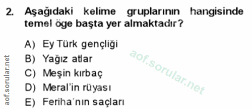 2. soru: Aşağıdaki kelime gruplarının hangisinde temel öge başta yer almaktadır? A) Ey Türk gençliği B) Yağız atlar C) Meşin k…
