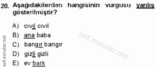 20. soru: Aşağıdakilerden hangisinin vurgusu yanlıs gösterilmiştir? A) cIvil civil B) ana baba C) bangır bangır D) gizli gizli…