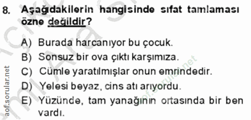 8. soru: Aşağıdakilerin hangisinde sıfat tamlaması özne değildir? A) Burada harcanıyor bu çocuk. B) Sonsuz bir ova çıktı karşı…