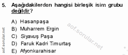 5. soru: Aşağıdakilerden hangisi birleşik isim grubu değildir? A) Hasanpaşa B) Muharrem Ergin C) Siyavuş Paşa D) Faruk Kadri T…