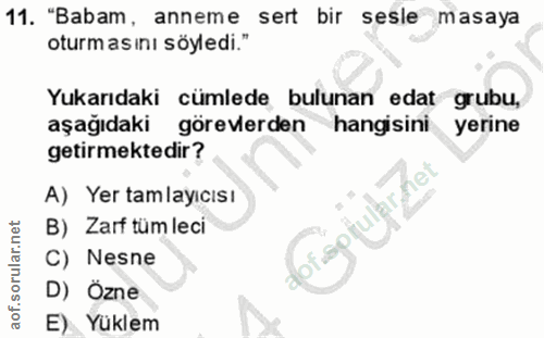 11. soru: "Babam, anneme sert bir sesle masaya oturmasını söyledi." Yukarıdaki cümlede bulunan edat grubu, aşağıdaki görevlerde…