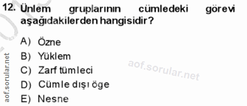 12. soru: Ünlem gruplarınin cümledeki görevi aşağıdakilerden hangisidir? A) Özne rular.net B) Yüklem C) Zarf tümleci D) Cümle d…