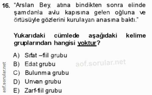 16. soru: "Arslan Bey, atına bindikten sonra elinde şamdanla avu kapısına gelen oğluna ve örtüsüyle gözlerini kurulayan anasına…