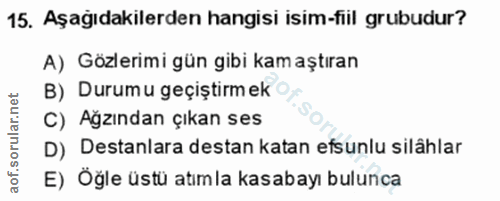 15. soru: Aşağıdakilerden hangisi isim-fiil grubudur? A) Gözlerimi gün gibi kam aştıran B) Durumu geçiştirm ek C) Ağzından çıka…