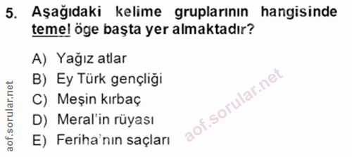 5. soru: Aşağıdaki kelime gruplarının hangisinde temel öge başta yer almaktadır? A) Yağız atlar B) Ey Türk gençliği C) Meşin k…