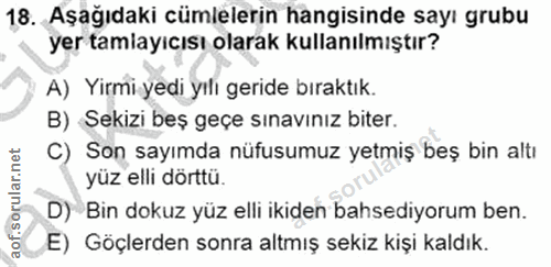 18. soru: Aşağıdaki cümlelerin hangisinde sayı grubu yer tamiayıcısı olarak kullanılmıştır? A) Yirmi yedi yılı geride bıraktık.…