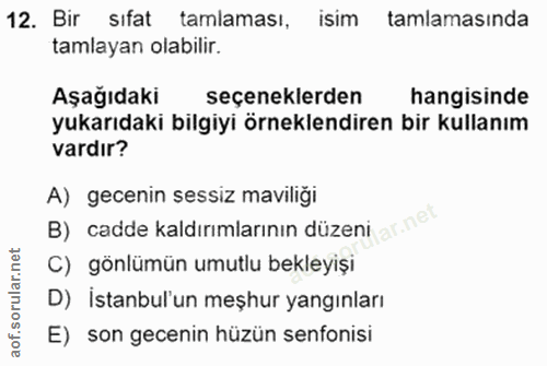 12. soru: Bir sifat tamlaması, isim tamlamasında tamlayan olabilir. Aşağıdaki seçeneklerden hangisinde yukarıdaki bilgiyi örnek…