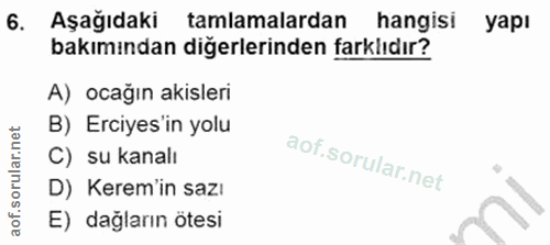 6. soru: Aşağıdaki tamlamalardan hangisi yapı bakımından diğerlerinden farklıdır? A) ocağın akisleri B) Erciyes in yolu C) su…