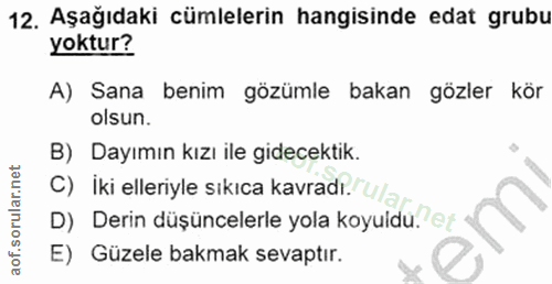 12. soru: Aşağıdaki cümlelerin hangisinde edat grubu yoktur? A) Sana benim gözümle bakan gözler kör olsun. B) Dayımın kızı ile…