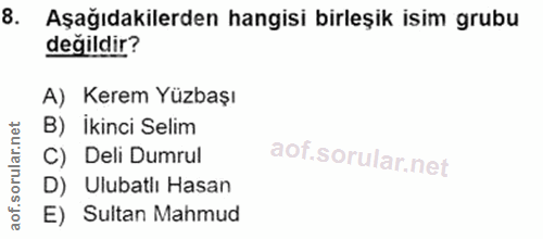 8. soru: Aşağıdakilerden hangisi birleşik isim grubu değildir? A) Kerem Yüzbaşı B) İkinci Selim C) Deli Dumrul D) Ulubatlı Has…