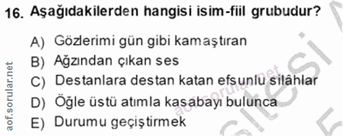 16. soru: Aşağıdakilerden hangisi isim-fiil grubudur? A) Gözlerimi gün gibi kamaştıran B) Agzından çıkan ses C) Destanlara dest…