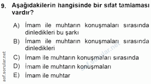 9. soru: Aşağıdakilerin hangisinde bir sıfat tamiaması vardır? A) Imam ile muhtarın konuşmaları sırasında dinledikleri bu şark…