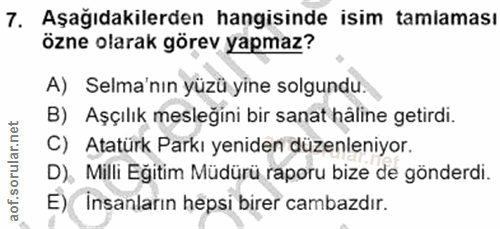 7. soru: Aşağıdakilerden hangisinde isim tamlaması özne olarak görev yapmaz? A) Selma'nın yüzü yine solgundu B) Aşçılık mesleğ…