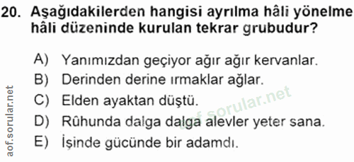 20. soru: Aşağıdakilerden hangisi ayrılma hâli yönelme håli düzeninde kurulan tekrar grubudur? A) Yanımızdan geçiyor ağır ağır…