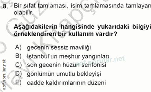 8. soru: ? Bir sıfat tamlaması, isim tamlamasında tamlayar olabilir. Aşağıdakilerin hangisinde yukarıdaki bilgiyi örneklendire…
