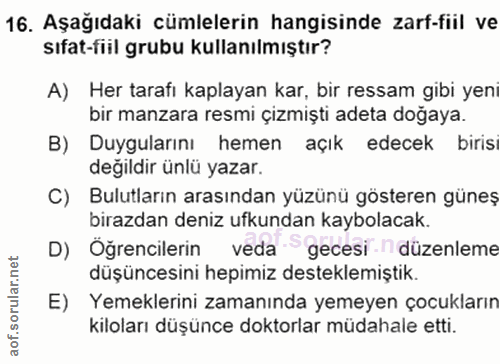 16. soru: Aşağıdaki cümlelerin hangisinde zarf-fiil ve sıfat-fiil grubu kullanılmıştır? A) Her tarafı kaplayan kar, bir ressam…