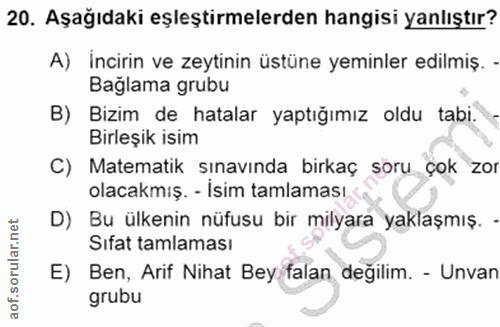 20. soru: Aşağıdaki eşleştirmelerden hangisi yanlıştır? A) İncirin ve zeytinin üstüne yeminler edilmiş. Bağlama grubu B) Bizim…