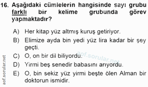 16. soru: Aşağıdaki cümlelerin hangisinde sayı grubu farklı bir kelime grubunda görev yapmaktadır? A) Her kitap yüz altmış kuru…