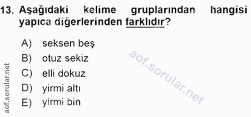 13. soru: Aşağıdaki kelime gruplarindan hangisi yapıca diğerlerinden farklıdır? A) seksen beş B) otuz sekiz elli dokuz D) yirmi…