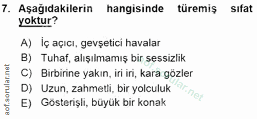 7. soru: Aşağıdakilerin hangisinde türemiş sifat yoktur? A) İç açıcı, gevşetici havalar B) Tuhaf, alışılmamış bir sessizlik C)…