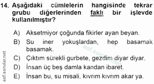 14. soru: Aşağıdaki cümlelerin hangisinde tekrar grubu digerlerinden fakl: bir işlevde kullanılmıştır? A) Aksetmiyor çoğunda fi…