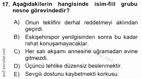 17. soru: Aşağıdakilerin hangisinde isim-fiil grubu nesne görevindedir? A) Onun teklifini derhal reddetmeyi aklından geçirdi. B…