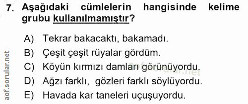 7. soru: Aşağıdaki cümlelerin hangisinde kelime grubu kullanılmamıştır? A) Tekrar bakacaktı, bakamadı. B) Çeşit çeşit rüyalar…