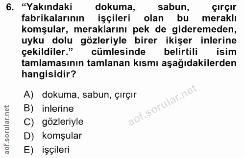 6. soru: "Yakındaki dokuma sabun, çırçır fabrikalarının işçileri olan bu meraklı komşular, meraklarını pek de gideremeden, uyk…