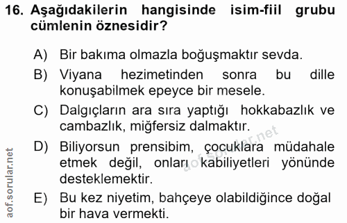 16. soru: Aşağıdakilerin hangisinde isim-fiil grubu cümlenin öznesidir? A) Bir bakıma olmazla boğuşmaktır sevda. B) Viyana hezi…