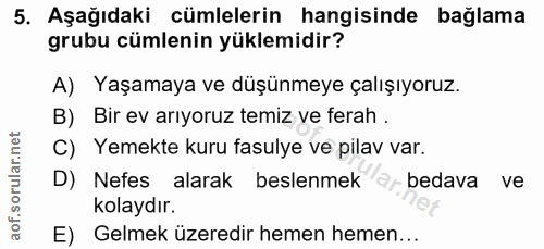 5. soru: Aşağıdaki cümlelerin hangisinde bağlama grubu cümlenin yüklemidir? A) Yaşamaya ve düşünmeye çalışıyoruz. B) Bir ev ar…