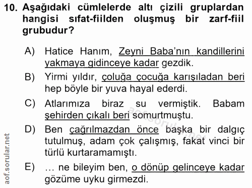 10. soru: Aşağıdaki cümlelerde altı çizili gruplardan hangisi sıfat-fiilden oluşmuş bir zarf-fiil grubudur? A) Hatice Hanım, Ze…